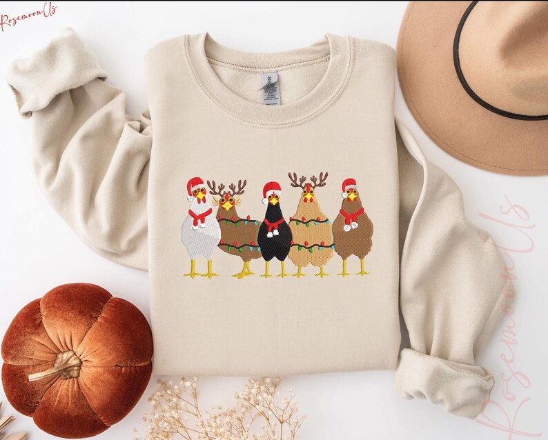 Сute Christmas Chickens Embroidered Sweatshirt, Christmas Farm Animals Sweatshirt, Christmas Holiday Sweatshirt Gift