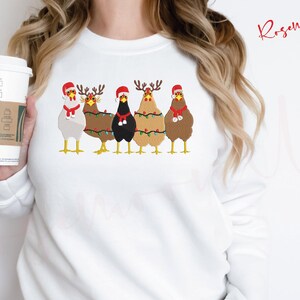 Сute Christmas Chickens Embroidered Sweatshirt, Christmas Farm Animals Sweatshirt, Christmas Holiday Sweatshirt Gift