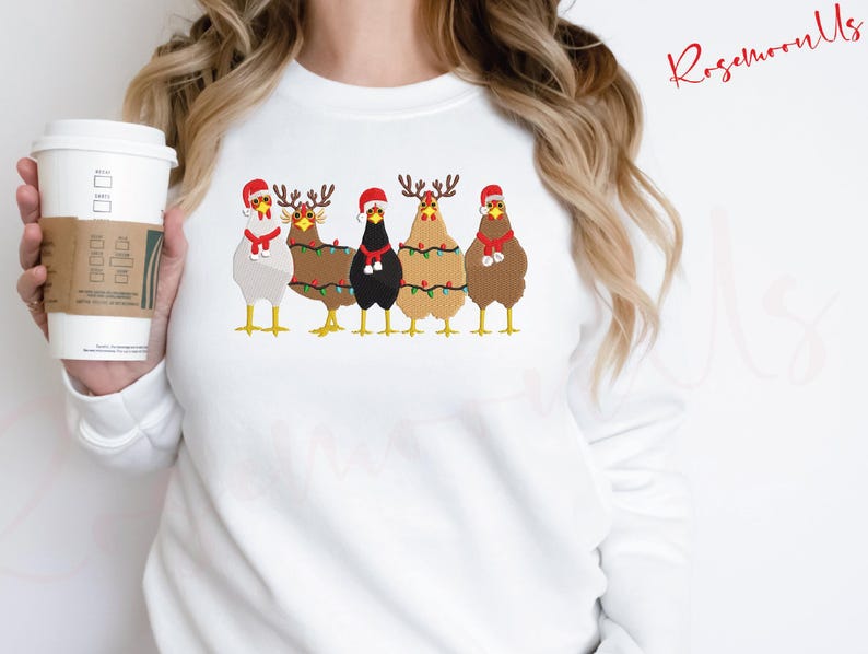 Сute Christmas Chickens Embroidered Sweatshirt, Christmas Farm Animals Sweatshirt, Christmas Holiday Sweatshirt Gift