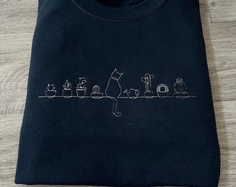 Embroidered Plants And Cat Sweatshirt, Embroidered Line Art Hoodie, Cat Lover Shirt, Embroidered Gardener Crewneck, Holiday Hoodie
