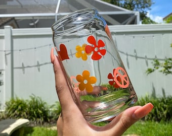 Groovy 70s Beer Can Glass | Peace, Love & Flower Cup