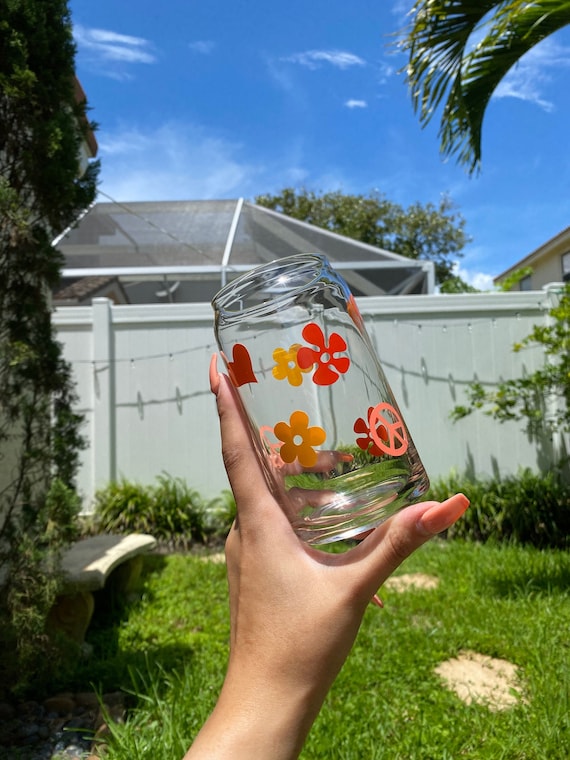 Groovy 70s Beer Can Glass | Peace, Love & Flower Cup