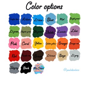 May include: Color options chart with 20 different color swatches. The colors include traffic blue, mint, bright green, light green, alligator green, dark green, violets, lavender, lilac, pink, coral, yellow, golden yellow, orange, orange red, red, purple red, brown, light brown, beige, light grey, telegrey, black, and mix colors.