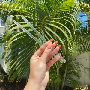 May include: Two clear glass drinking straws held in a hand against a background of green palm leaves.