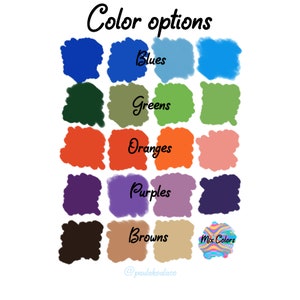 May include: Color options chart with 15 color swatches in various shades of blue, green, orange, purple, and brown. The last swatch is a mix of colors. The text "Color options" is at the top of the chart. The text "Blues", "Greens", "Oranges", "Purples", "Browns", and "Mix Colors" are below the swatches.