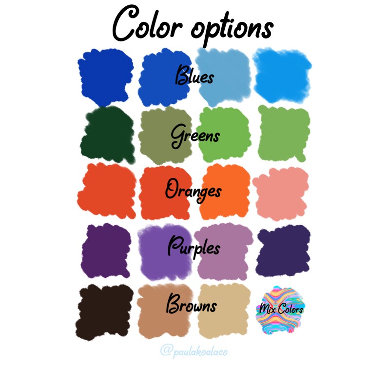 May include: Color options chart with 15 color swatches in various shades of blue, green, orange, purple, and brown. The last swatch is a mix of colors. The text "Color options" is at the top of the chart. The text "Blues", "Greens", "Oranges", "Purples", "Browns", and "Mix Colors" are below the swatches.