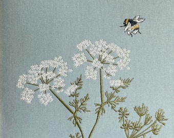 Cow Parsley Embroidered Textile Art, Bumble Bee, Duck Egg Blue Framed Linen Picture