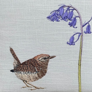 Wren & Bluebell Framed Embroidered Textile Art Handmade in the Yorkshire Dales by Kerry Pilkington