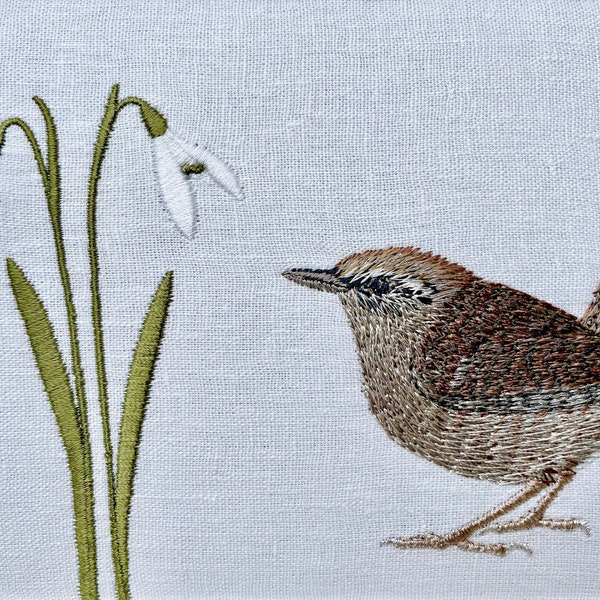 Wren & Snowdrop Framed Embroidered Textile Art Handmade in the Yorkshire Dales by Kerry Pilkington