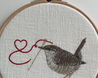 Zaunkönig und Herz gestickte Wand Hoop Art: Valentinsgruß-Wand-Kunst-Geschenk