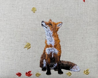 Fox & Autumn Leaves Framed Embroidered Textile Art Handmade in the Yorkshire Dales by Kerry Pilkington