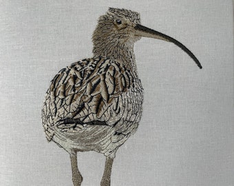 Curlew Embroidered Framed Picture on Ivory Linen in White Frame. Handmade in the Yorkshire Dales by Kerry Pilkington