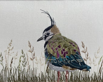Lapwing & Grasses Framed Embroidered Textile Art Handmade in the Yorkshire Dales by Kerry Pilkington
