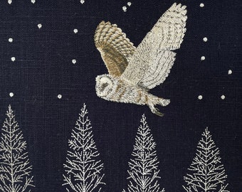 Winter Barn Owl Framed Embroidered Textile Art Handmade in the Yorkshire Dales by Kerry Pilkington