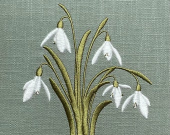Snowdrop Embroidered Textile Art, Framed Green Linen Picture