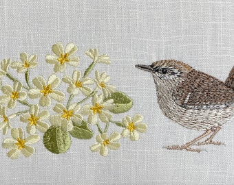 Wren and Primrose Framed Embroidered Textile Art Handmade in the Yorkshire Dales by Kerry Pilkington