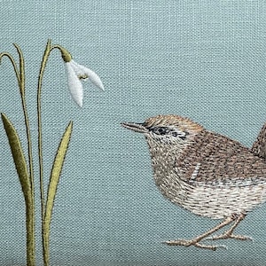 Wren & Snowdrop Framed Embroidered Textile Art Handmade in the Yorkshire Dales by Kerry Pilkington