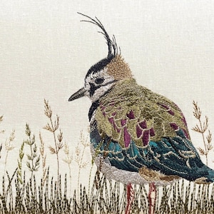 Lapwing & Grasses Embroidered Textile Art,  Framed Ivory Linen