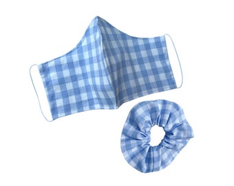 Light Blue Gingham Cotton Face Mask And Scrunchie Set