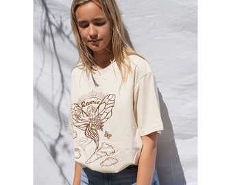 Reverie Engel Braun Organic Cottagecore Fairycore Y2K Gedrucktes Grafik T-Shirt