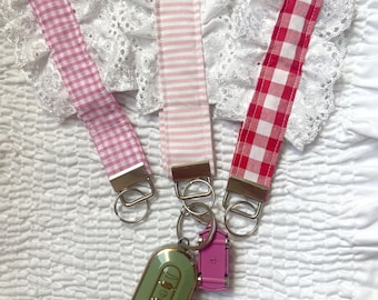 Ruffle Broderie Lace Gingham Fabric Wristlet Keyring, Silver Keychain, Wristlets, Cute Wristlets, Fun Keyrings, Gifts For Her, Key Fobs