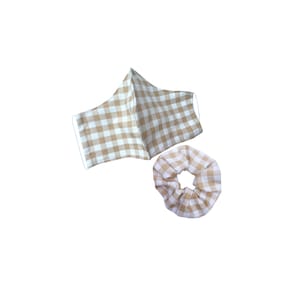 Beige Gingham Cotton Face Mask And Scrunchie Set