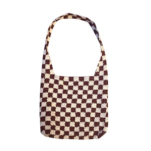 Brown Chequered Handmade Crotchet Tote Shoulder Bag