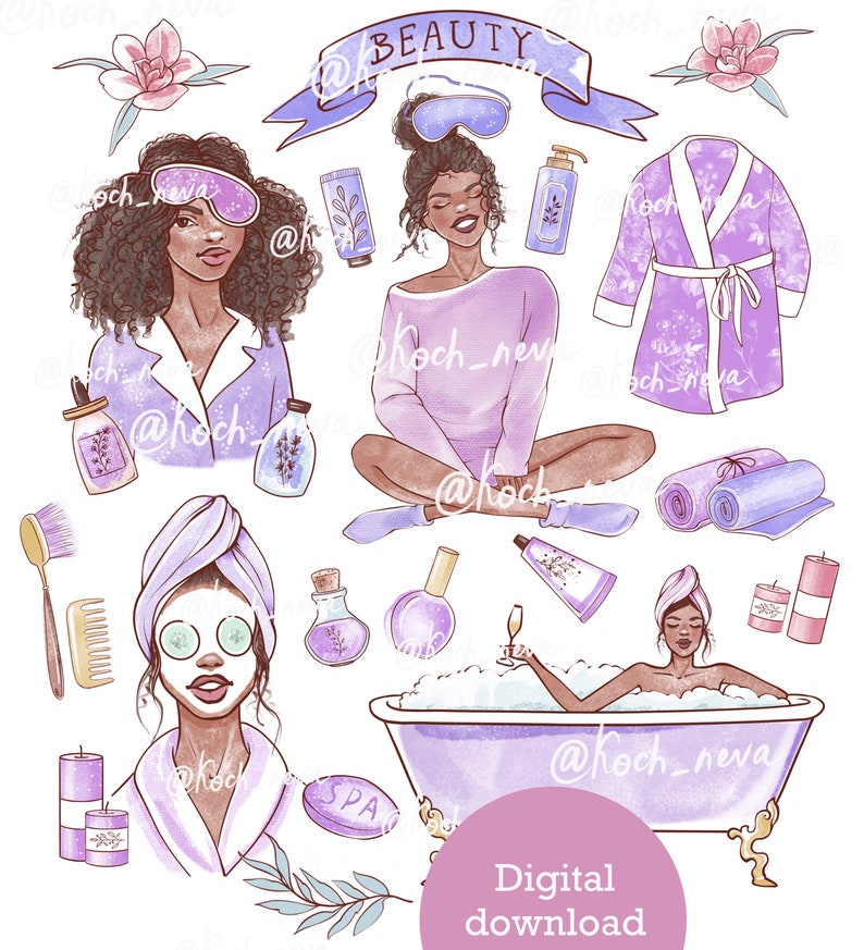 African American Spa Girls Clipart Party elements Bundle | Etsy