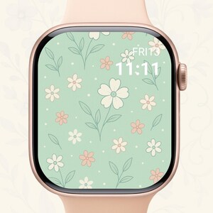 Sfondo floreale color menta per Apple Watch: quadrante di fiori minimalista romantico, sfondo digitale con fiori bianchi e rosa