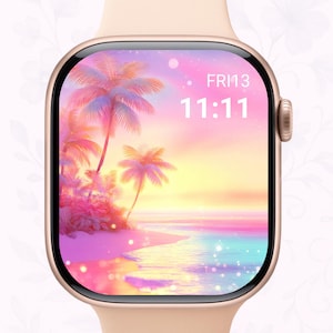 以下が含まれることがあります： ローズゴールドのスマートウォッチは、ヤシの木、カラフルな夕日、11:11の時刻が表示された熱帯のビーチシーンを表示します。日付は13日の金曜日です。時計には薄いピンクのバンドが付いています。