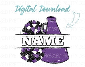 Cheerleading Sublimation Design, Cheer Team PNG, Team Spirit Design, Megaphone Game Day, Sport Printable, Digital Download, Pom Poms, Purple