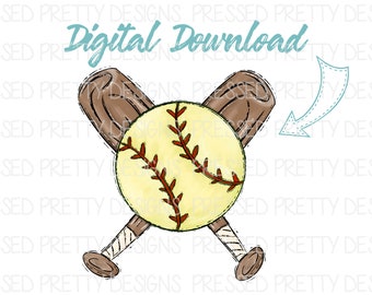May include: A digital download graphic featuring a yellow softball with red stitching and two brown baseball bats crossed behind it. The bats have white tape wrapped around the handles. The graphic is on a white background.