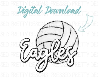 May include: A digital download graphic showing a white volleyball with black detailing and the word "Eagles" in a bold, black-outlined font. The text "Digital Download" is in teal. Ideal for sports-themed designs.