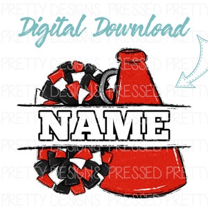 Cheerleading Sublimation Design, Cheer Team PNG, Team Spirit Design, Megaphone Game Day, Sports Printable, Digital Download, Pom Poms, Red