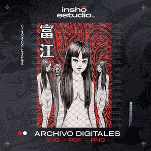 Puede incluir: Una ilustración en blanco y negro de tres mujeres con cabello negro largo. Las mujeres están de pie detrás de una valla de cadena. El fondo es rojo con patrones en espiral. El texto "富江" está en la esquina superior izquierda de la imagen. El texto "ARCHIVO DIGITALES SVG - PDF - PNG" está en la parte inferior de la imagen.