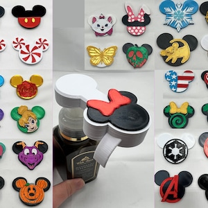 May include: A collection of 30 colorful, themed bottle stoppers featuring various Disney characters, including Mickey Mouse, Minnie Mouse, Cinderella, and more. The stoppers are made of 3D printed plastic and are designed to fit standard wine bottles.