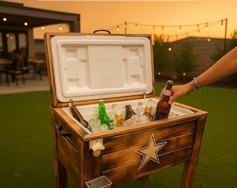 Custom Wooden Cooler Stand | Personalized Patio Party Ice Chest, Built-in Opener