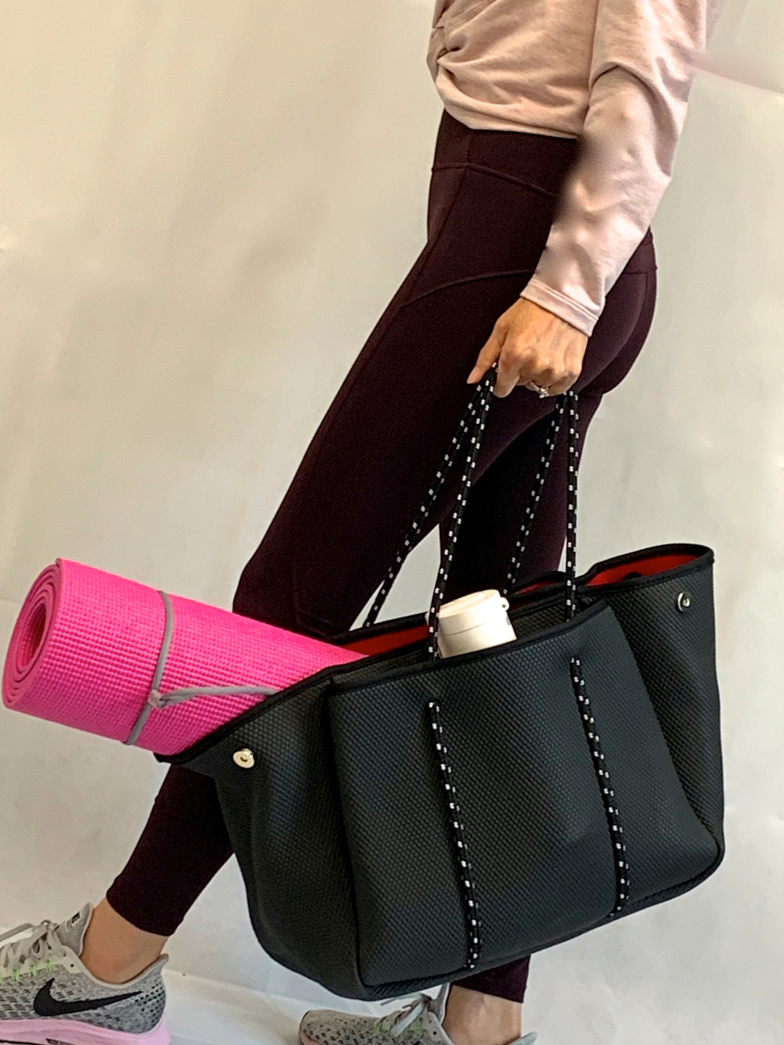Neoprene Bag - Vegan Tote - 2 Piece Set - Stripe - Black & Pink