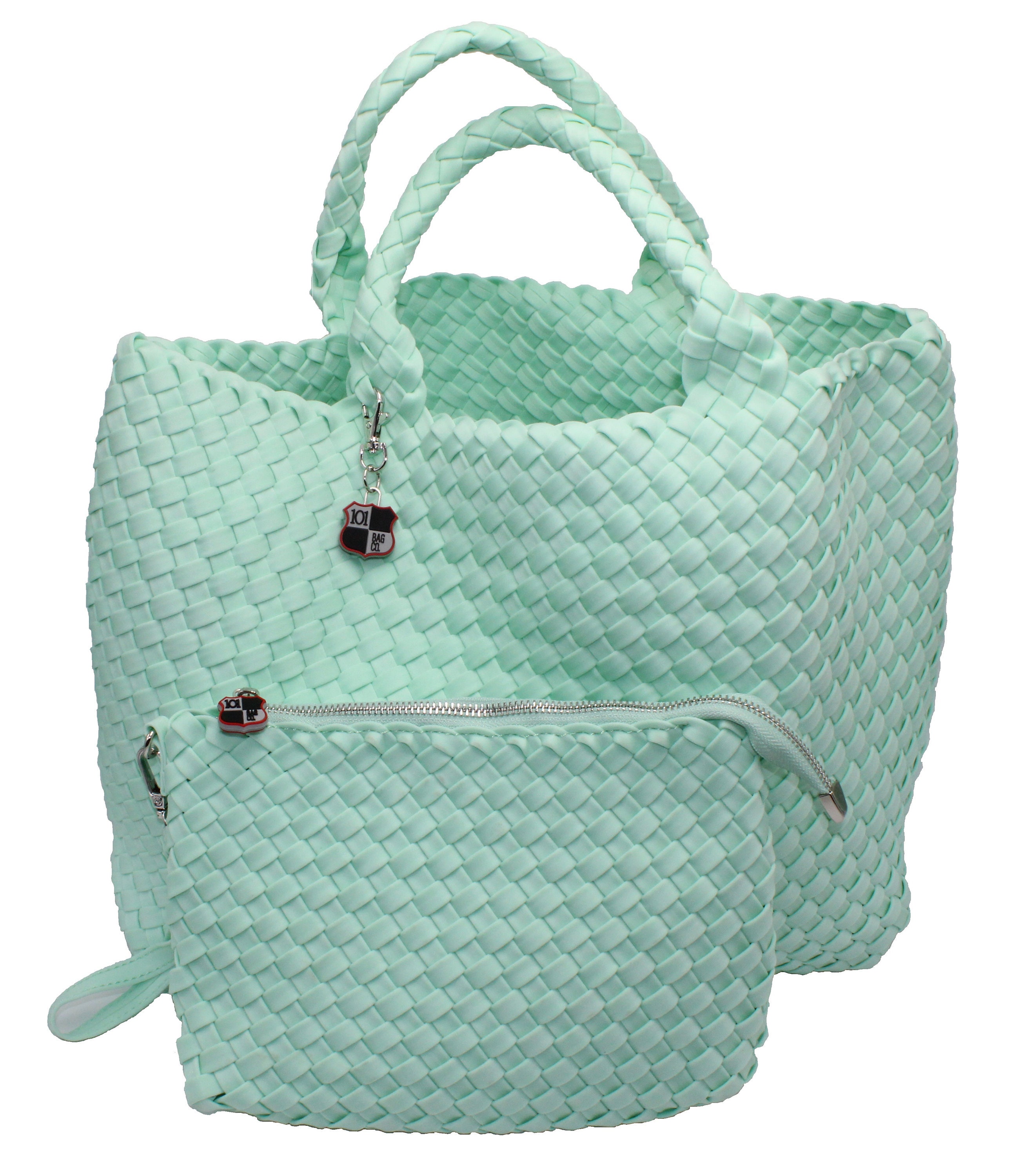 Borsa tote grande in neoprene intrecciato a mano con custodia