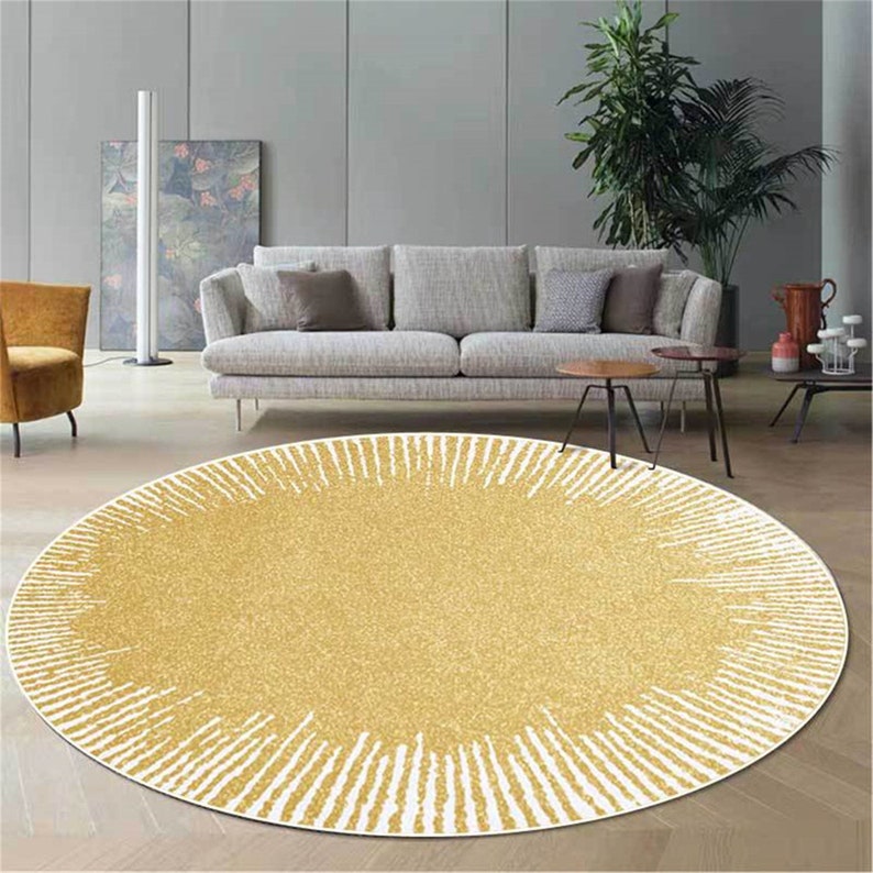 Light Yellow Round Area Rug With White Geometric Line for Etsy