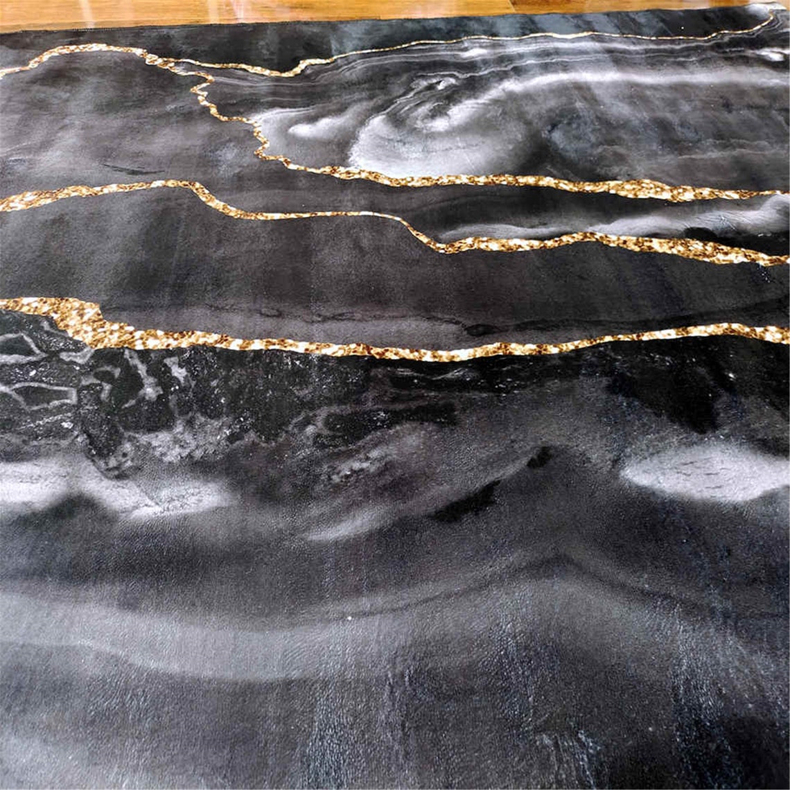 Luxury Black Gray Marble Carpet With Gold Line for Living Room Etsy