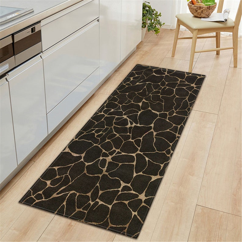 Antislip Kitchen Carpet Black White Marble Printed Entrance Etsy
