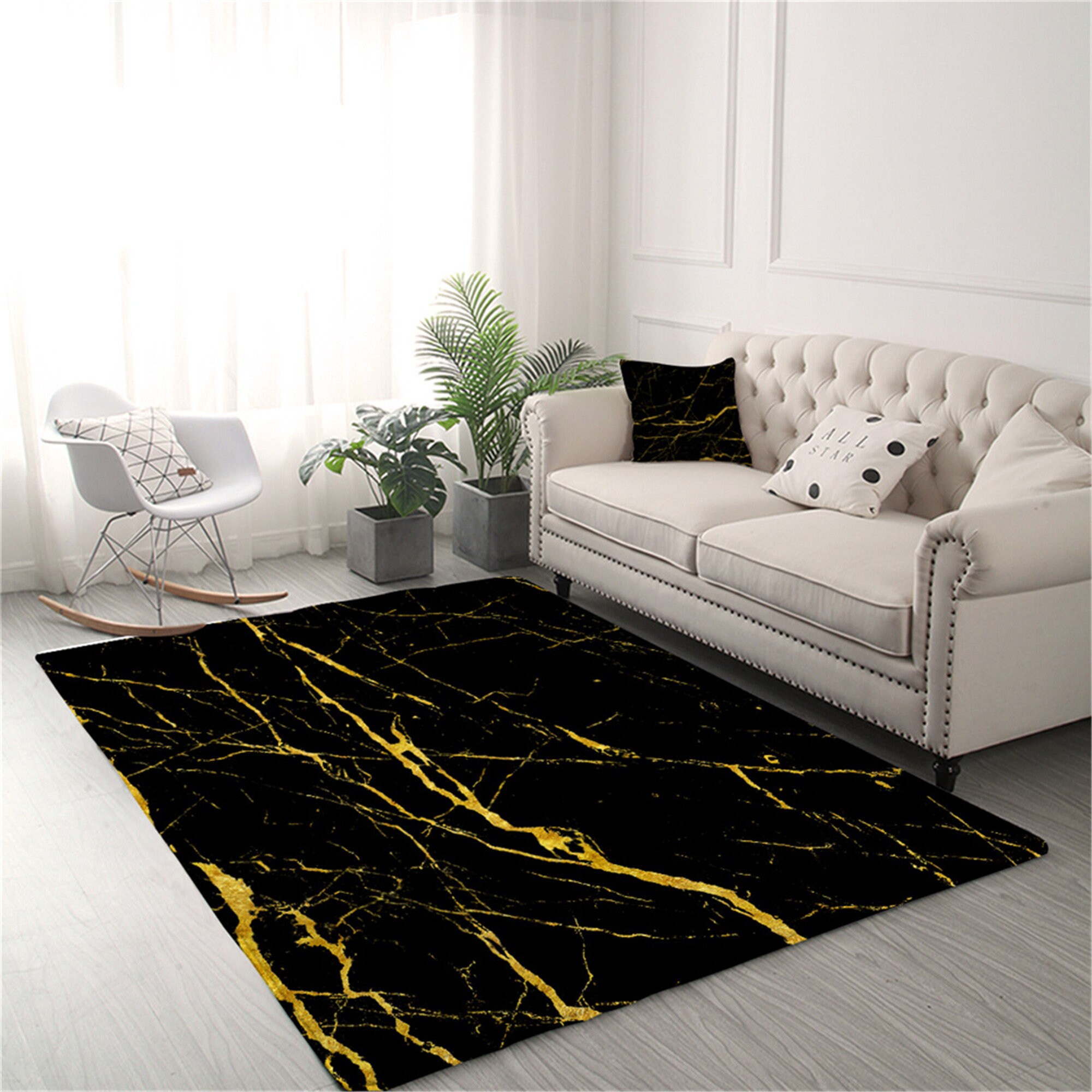 Marble Area Rug For Living Room Modern Gold Glitter Black Etsy Polska