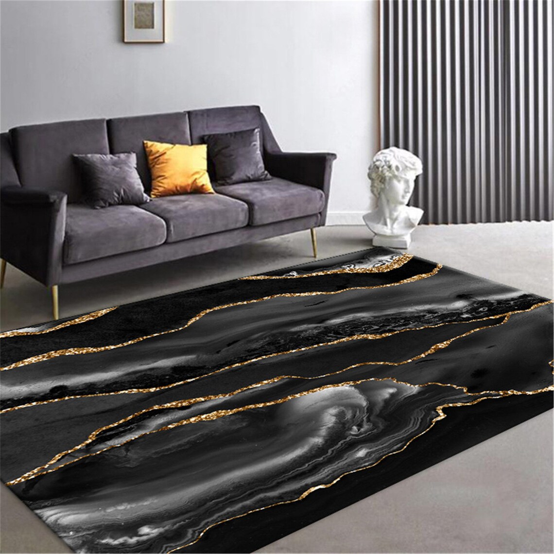 Luxury Black Gray Marble Carpet With Gold Line for Living Room Etsy