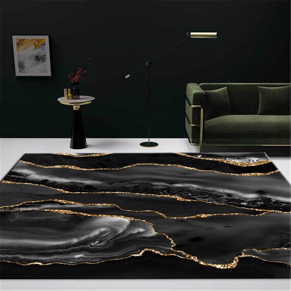 Luxury Black Gray Marble Carpet With Gold Line for Living Room Etsy