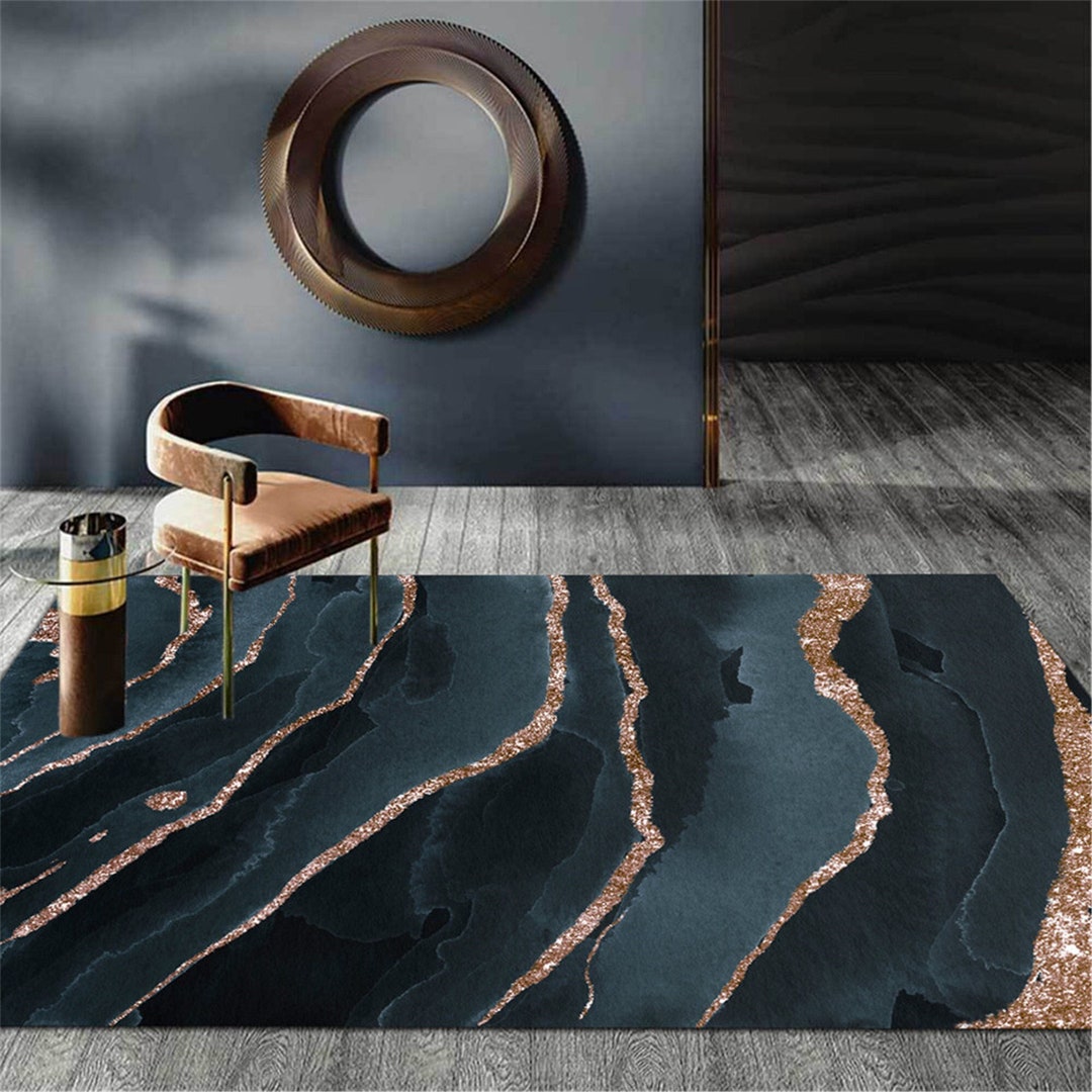 Gray Blue Black Marble Abstract Rug for Coffee Table Living Etsy