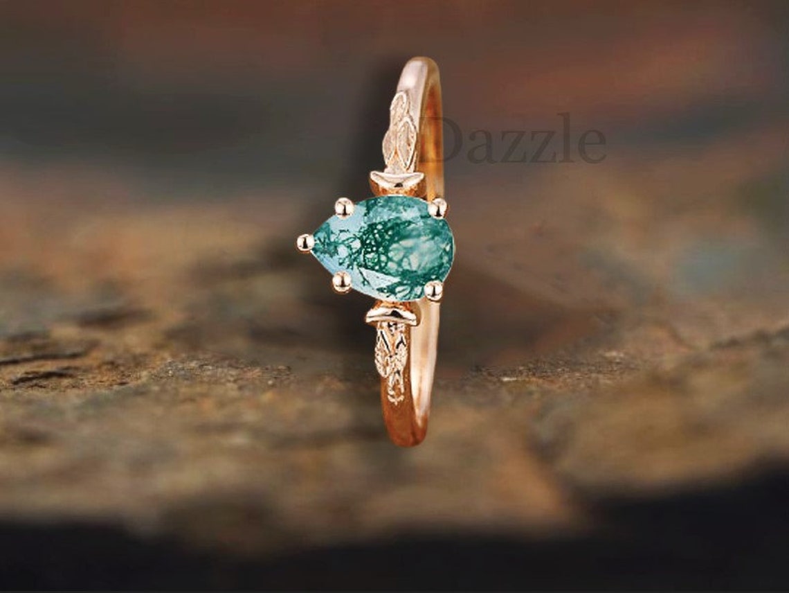 Personalized Moss Agate Wedding Ring/ 6X8mm Pear Cut Natural | Etsy