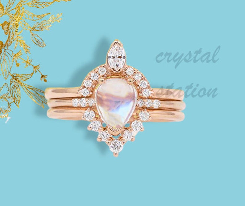 Pear Rainbow Moonstone Ring-Bridal Set-Wedding Ring-Two in One Ring-Gift for Her-Wedding Band