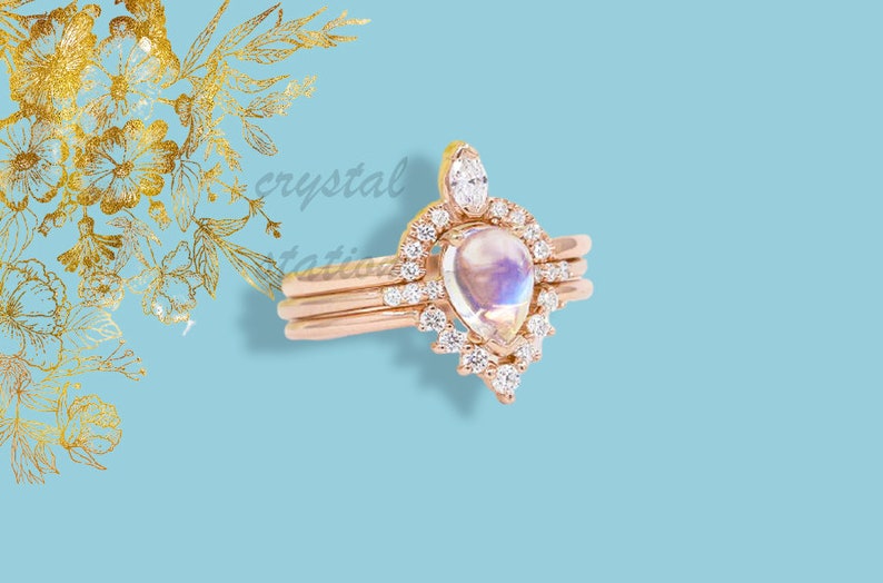 Pear Rainbow Moonstone Ring-Bridal Set-Wedding Ring-Two in One Ring-Gift for Her-Wedding Band