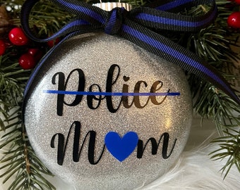 Police Mom Christmas Ornament, Thin Blue Line Ribbon, Holiday Decor
